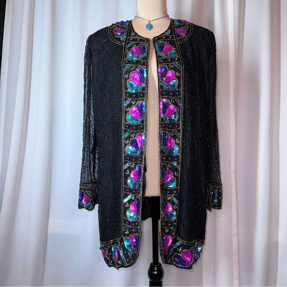 Vtg Roamans Silk Sequin Open Front Jacket | Black Beaded Evening‎ Top | 46” Bust